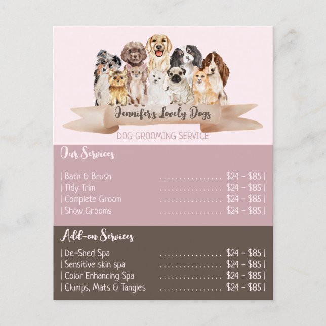 Pink Brochure Dogs Groomer Service Offers (Front)