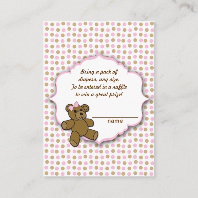 Pink Brown Bear Baby Shower diaper raffle tickets Enclosure Card (Front)