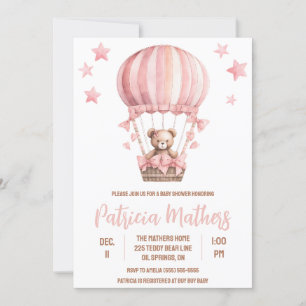 Pink & Brown Bear in Hot Air Balloon Baby Shower Invitation