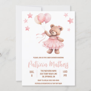 Pink & Brown Bear in Hot Air Balloon Baby Shower Invitation