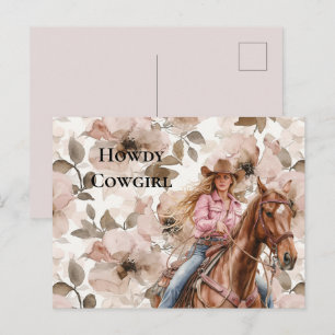 Pink Brown Blond Cowgirl Southwestern Floral Howdy Postcard