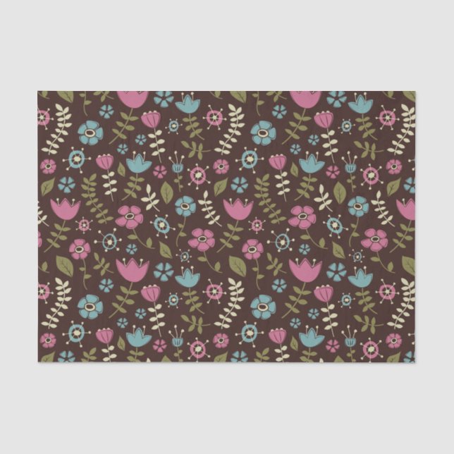 Pink Brown & Blue Whimsical Flowers Nature Pattern Tissue Paper (Front)