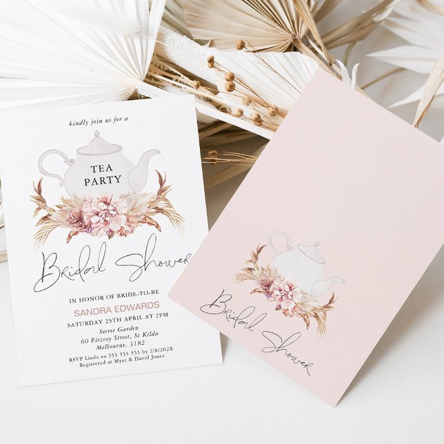 Pink Brown Boho Floral Tea Party Bridal Shower Invitation (Creator Uploaded)