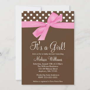 Pink Brown Bow Polka Dot Baby Shower Invitations