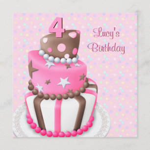 Pink Brown Cake Girls 4th Birthday Party Invitation