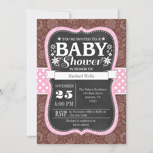Pink Brown Chalkboard Floral Baby Shower Invite (Front)