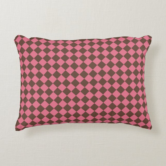 Pink Brown Chequered Diamond Pattern Accent Pillow (Front)