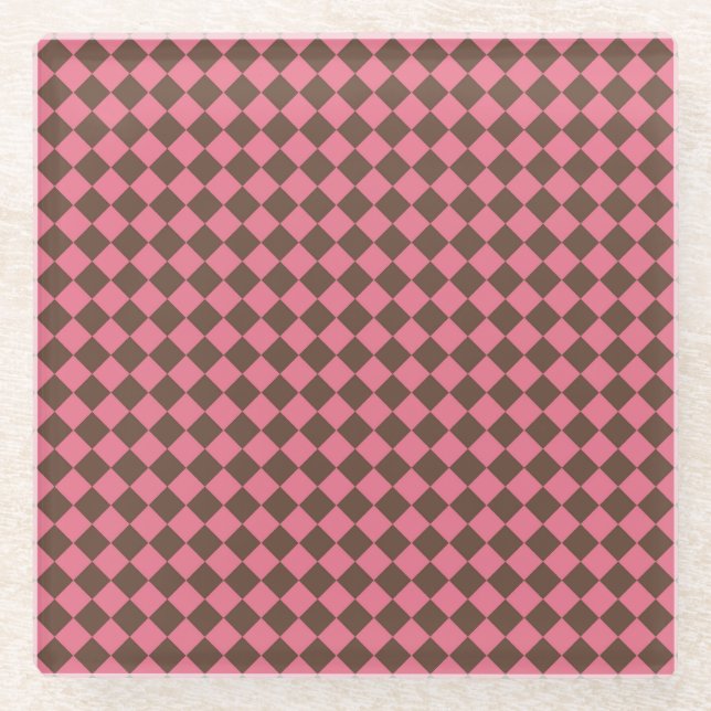Pink Brown Chequered Diamond Pattern Glass Coaster (Front)