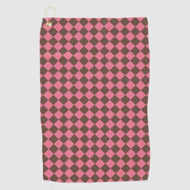 Pink Brown Chequered Diamond Pattern Golf Towel (Front)