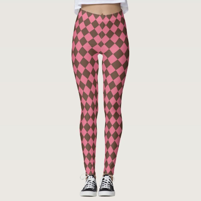 Pink Brown Chequered Diamond Pattern Leggings (Front)