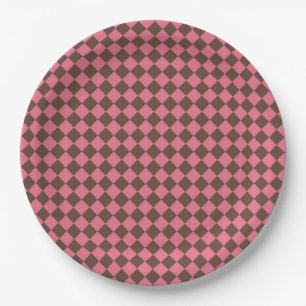 Pink Brown Chequered Diamond Pattern Paper Plate