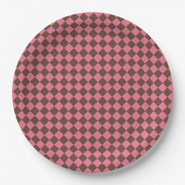 Pink Brown Chequered Diamond Pattern Paper Plate (Front)