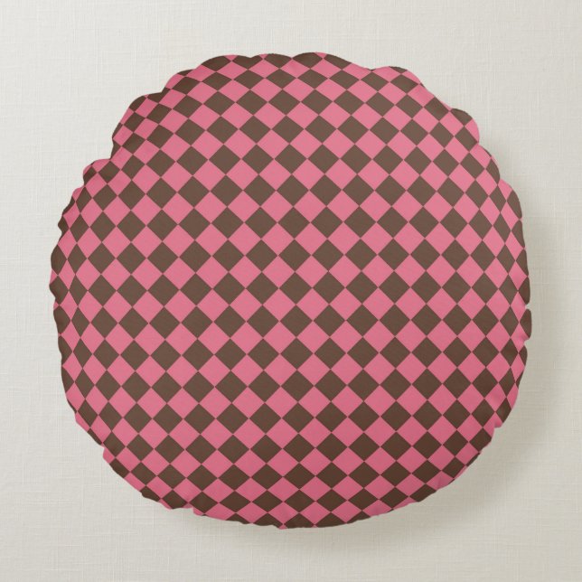 Pink Brown Chequered Diamond Pattern Round Pillow (Front)