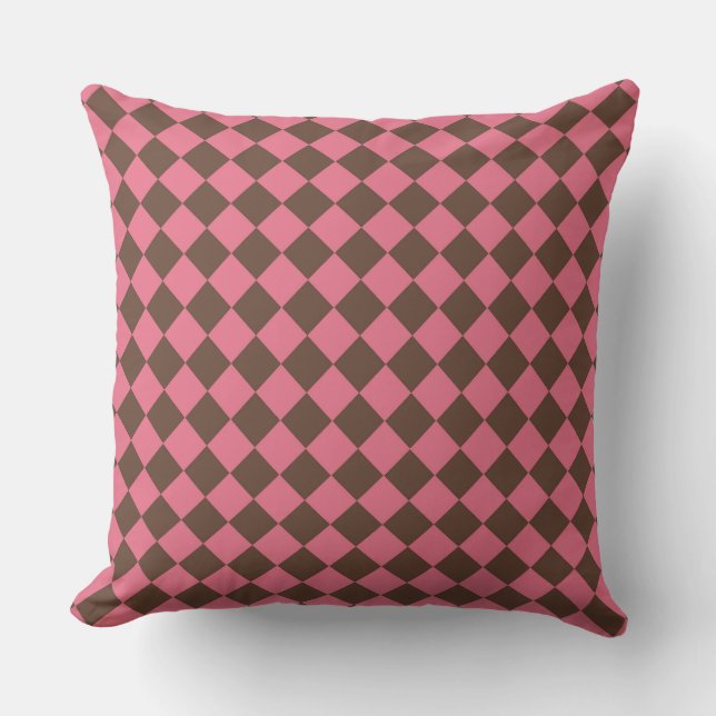 Pink Brown Chequered Diamond Pattern  Throw Pillow (Front)