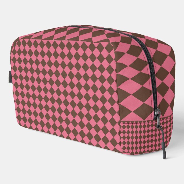 Pink Brown Chequered Diamond Pattern Toiletry Bag (Right Corner)