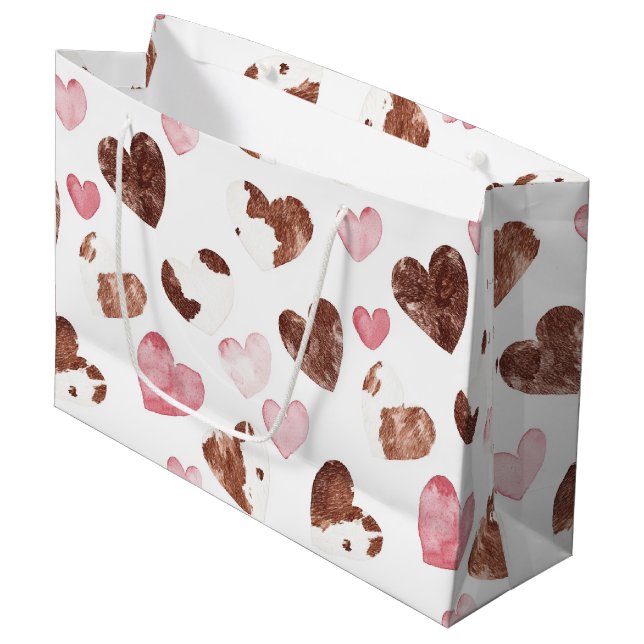 Pink Brown Cocoa Cow Print Hearts Birthday Large Gift Bag (Front Angled)