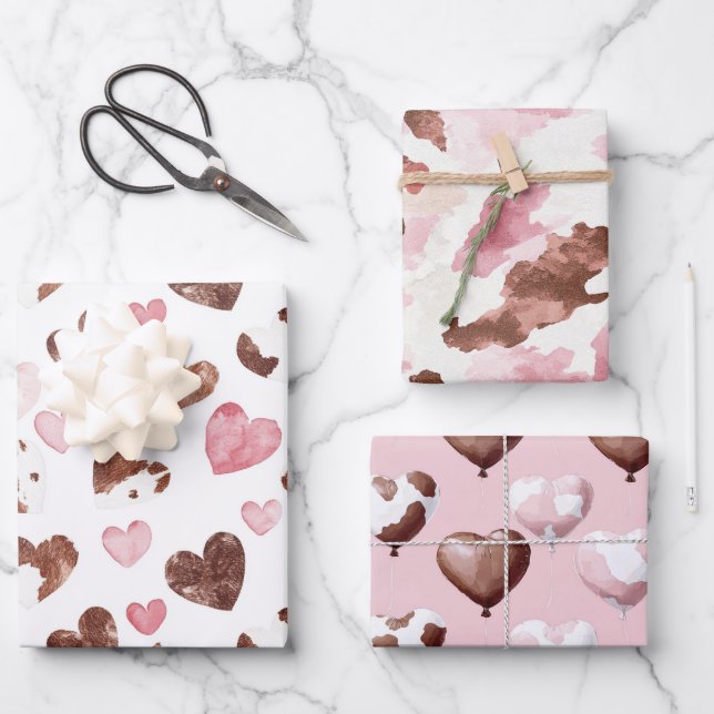 Pink Brown Cocoa Cow Print Hearts Birthday Wrapping Paper Sheet (Front)