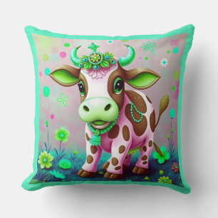 Pink Brown Cow Indian Accents Throw Pillow