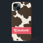 Pink Brown Cow Print iPhone 13 Case<br><div class="desc">If you love brown and white cow prints and cow spots,  you'll love this cute girly and trendy brown and cream cowhide design with a punchy pink ribbon look print that can be personalized with your name. Artwork © Chrissy H. Studios,  LLC. All Rights Reserved.</div>