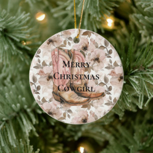 Pink Brown Cowgirl Boots Floral Christmas Ceramic Ornament