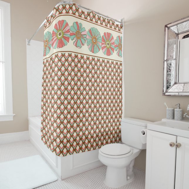 Pink Brown Cream Geometric Retro Squares Flowers (In Situ)
