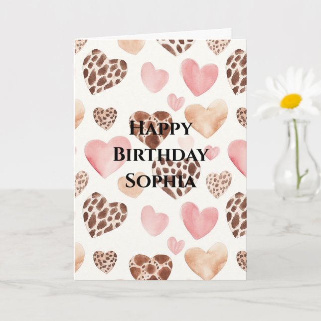 Pink Brown Cream Leopard Animal Hearts Birthday Card (Small Plant)