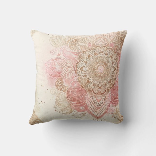 Pink Brown Cream Mandala Bohemian Boho Fashion Throw Pillow (Back)