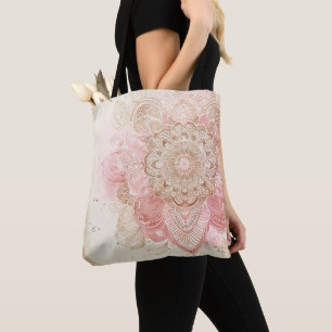 Pink Brown Cream Mandala Bohemian Boho Fashion Tote Bag