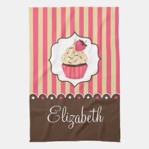 Pink & Brown Cute Cupcake With Custom Name Kitchen Towel