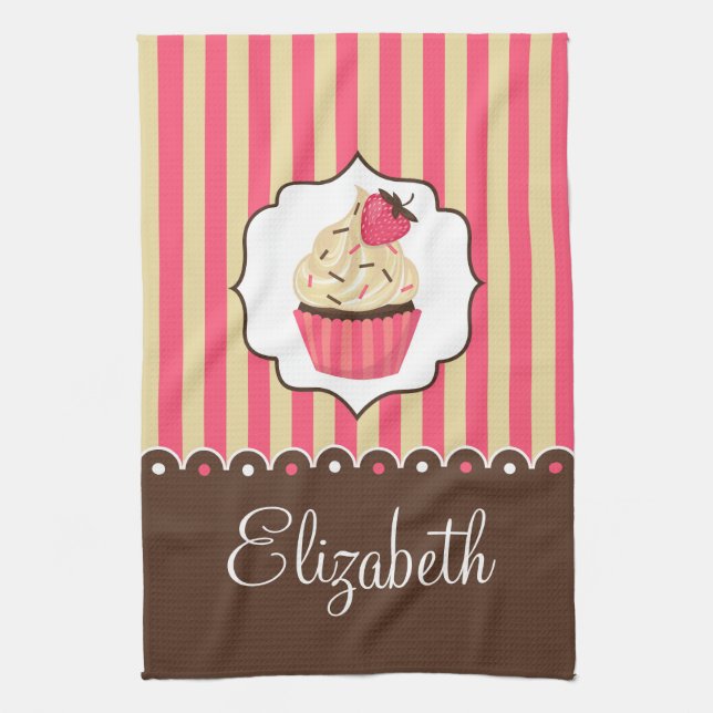 Pink & Brown Cute Cupcake With Custom Name Kitchen Towel (Vertical)