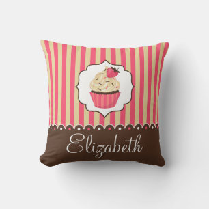 Pink & Brown Cute Cupcake With Custom Name Throw Pillow