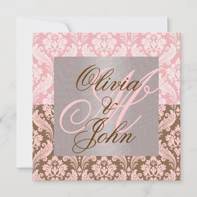 PINK & BROWN DAMASK Elegant Wedding Invitation (Front)