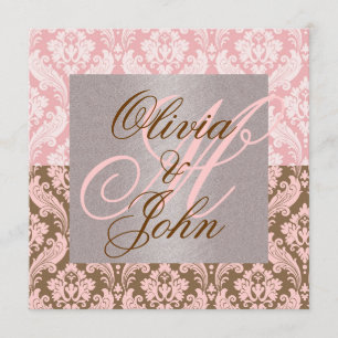 PINK & BROWN DAMASK Elegant Wedding Invitation