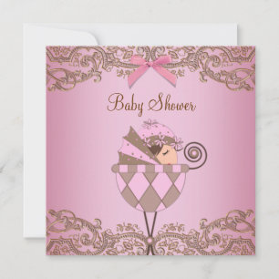 Pink Brown dentelle fille bébé douche Invitations