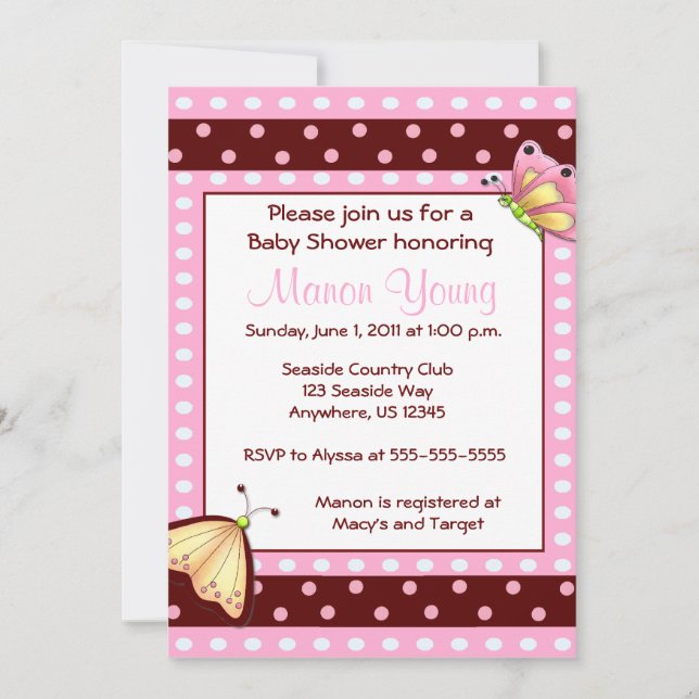 Pink Brown Dot Butterfly Baby Shower Invitation (Front)