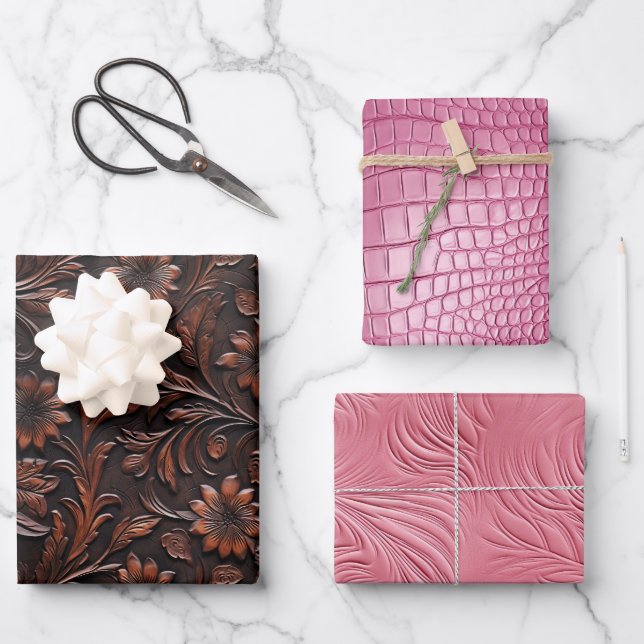 Pink Brown Faux Leather Cowgirl Floral Wrapping Paper Sheet (Front)
