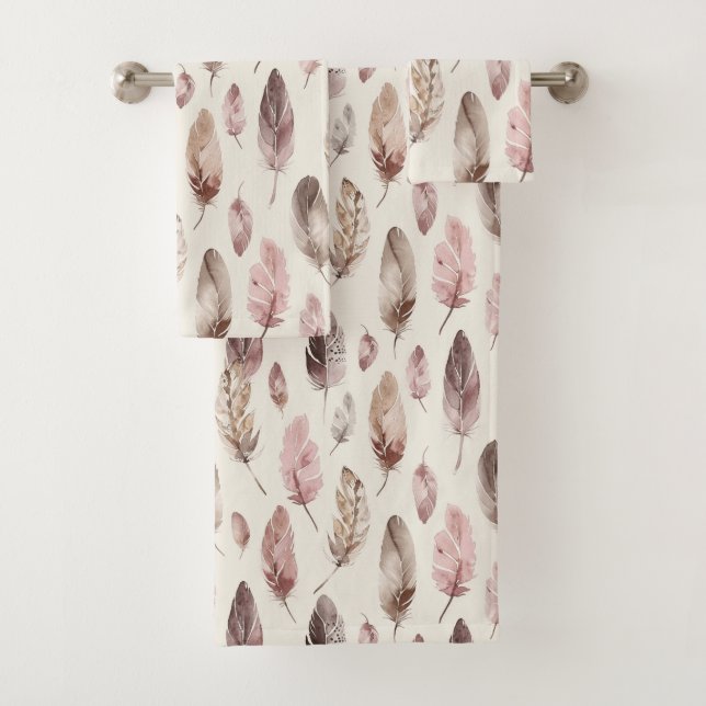 Pink Brown Feathers  Bath Towel Set (Insitu)