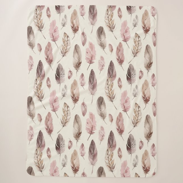 Pink Brown Feathers  Sherpa Blanket (Front)