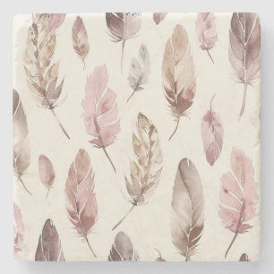 Pink Brown Feathers Stone Coaster