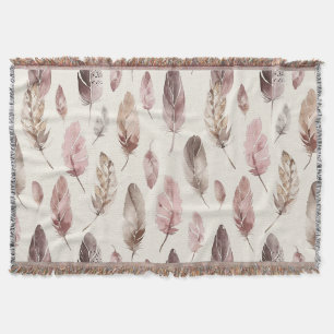 Pink Brown Feathers Throw Blanket
