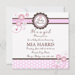Pink & Brown Floral Design Baby Shower Invitation