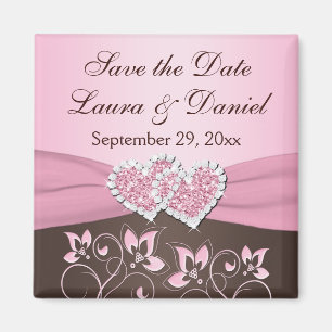 Pink, Brown Floral, Hearts Save the Date Wedding Magnet