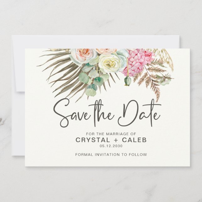 Pink Brown Green Boho Pampas Grass Roses Wedding S Save The Date (Front)
