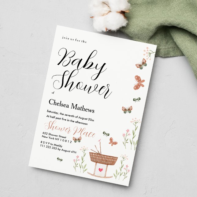 Pink brown green butterfly floral Baby Shower  Invitation (Pink brown green butterfly floral Baby Shower)