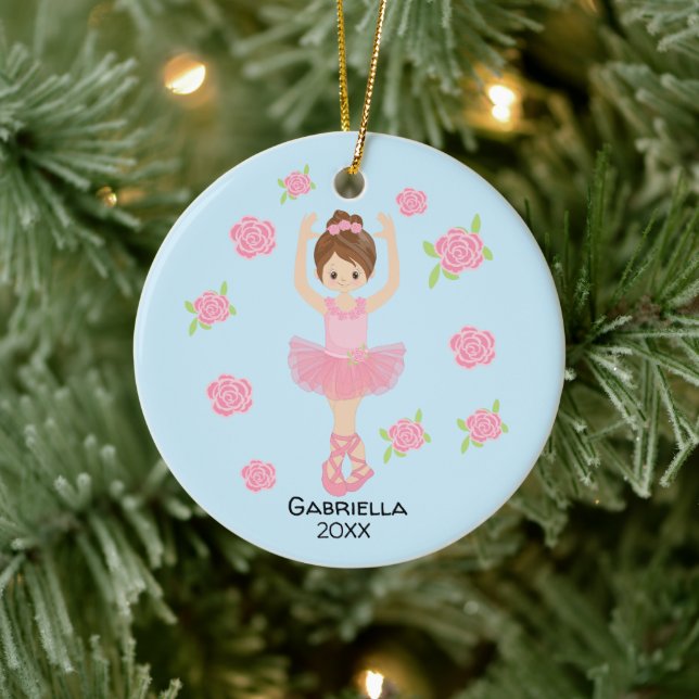Pink  Brown Haired Ballerina Christmas Ceramic Ornament (Tree)