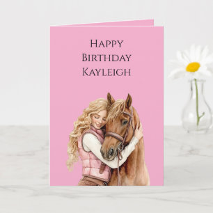 Pink Brown Horse Blonde Hair Girl Birthday Card