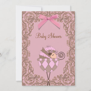 Pink Brown Lace Girl Baby Shower Invitations