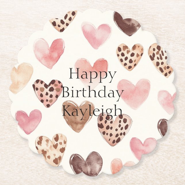 Pink Brown Leopard Print Hearts Birthday Paper Coaster (Front)