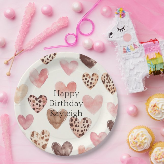 Pink Brown Leopard Print Hearts Birthday Paper Plate (Party)