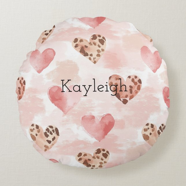 Pink Brown Leopard Print Hearts Birthday Round Pillow (Front)